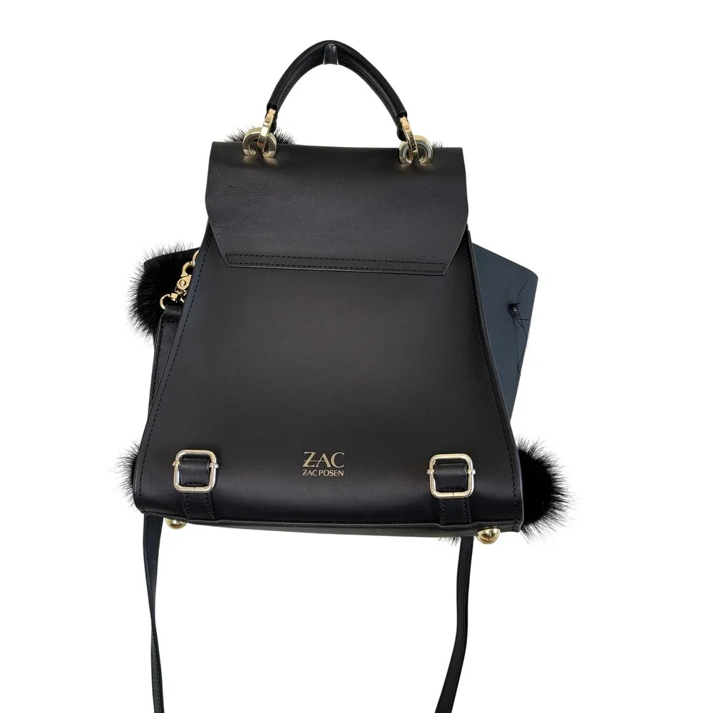 ZAC Zac Posen Eartha Iconic Convertible Backpack Black Leather Mink Fur Pom